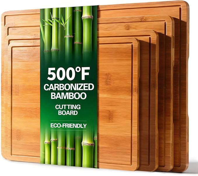 Zarler Bamboo Cutting Boards for Kitchen, 4 Piece Durable Wood Cutting Board with Juice Grooves and Handles, Wooden Chopping Board Set for Meal Prep, 500℉ Carbonized Bamboo, Ideal Kitchen Gift