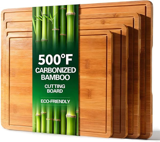 Zarler Bamboo Cutting Boards for Kitchen, 4 Piece Durable Wood Cutting Board with Juice Grooves and Handles, Wooden Chopping Board Set for Meal Prep, 500℉ Carbonized Bamboo, Ideal Kitchen Gift