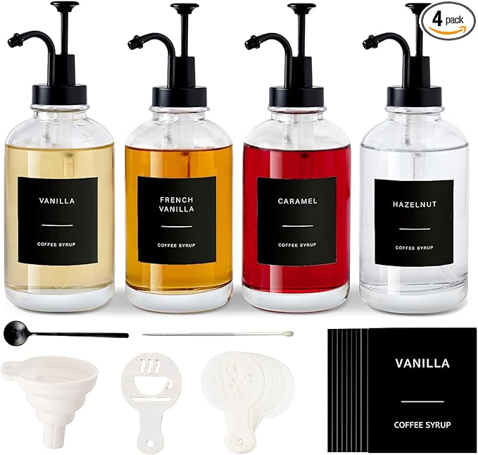 Coffee Syrup Dispenser for Bar, Glass Syrup Bottle with Pump, Coffee Pump Dispenser Bottle, Spoon for Station,16.9 oz, 500 ml