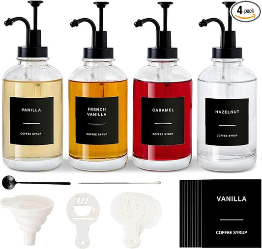 Coffee Syrup Dispenser for Bar, Glass Syrup Bottle with Pump, Coffee Pump Dispenser Bottle, Spoon for Station,16.9 oz, 500 ml