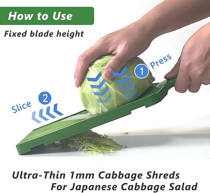 Fixed Thickness Vegetable Slicer – Ultra-Thin Cabbage Shredder for Salads, Jicama Tacos, Onion, Potato Chips – Fine Fluffy Cuts Mandoline Kitchen Tool(Green)