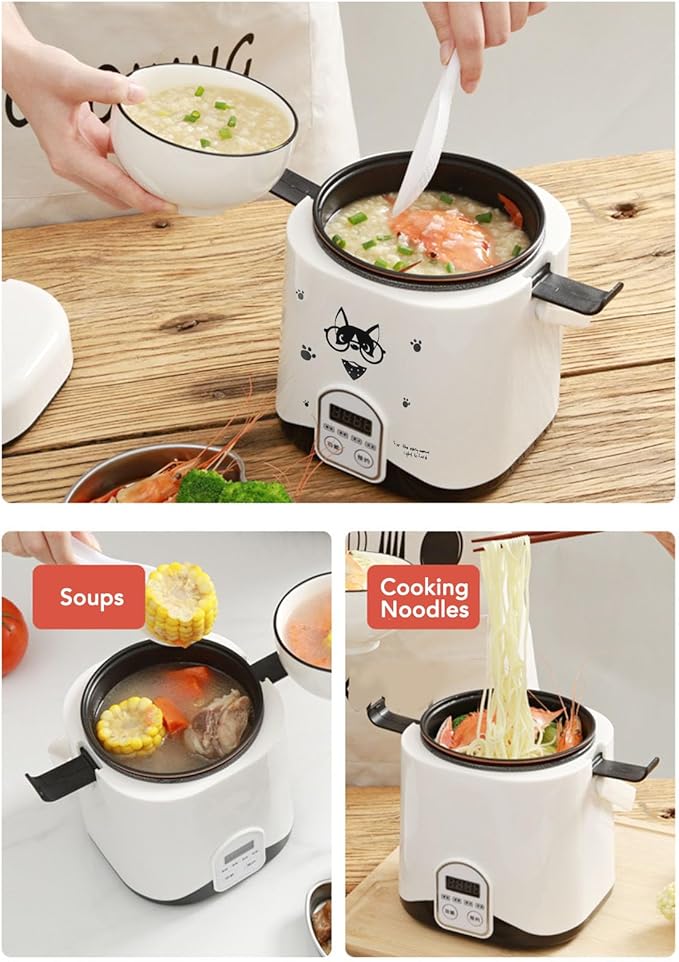 Rice Cooker, 1.2L Small Rice Cooker with Non Stick Inner Pot Steaming Plate Rice Spoon, 24H Reservation And Temperature Control, for Car Camping Travel