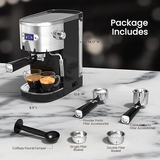 Electactic Espresso Machine 20 Bar, Professional Stainless Steel Coffee Maker with LCD Display, Steam Wand, 45oz Removable Water Tank, for Espresso, Cappuccino, Latte at Home or Office, Black