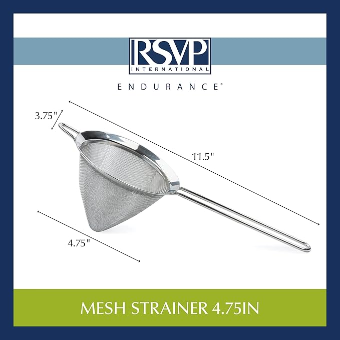 RSVP International Endurance Kitchen Collection, Stainless Steel Fine Mesh Conical Sieve/Colander, Multi-Purpose for Cooking, Baking, Loose Leaf Tea, Bar Strainer Cocktails, 4.75-Inch