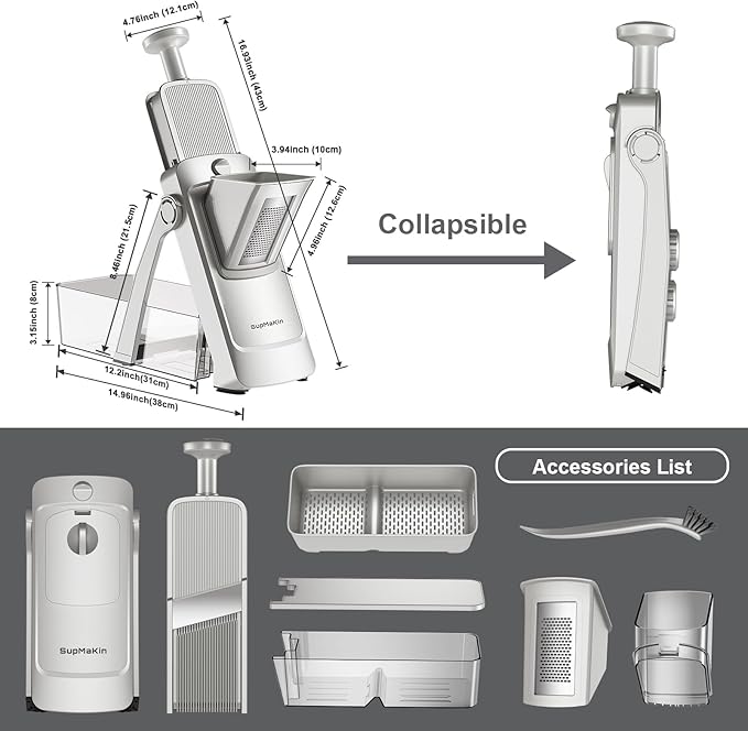 SupMaKin Upgrade Safe Mandoline Slicer,Multi Vegetable Chopper,Potato Slicer, Onion Chopper with Drain Basket Storage Container, Cheese Grater Kitchen Chopping Artifact (SliverGray)