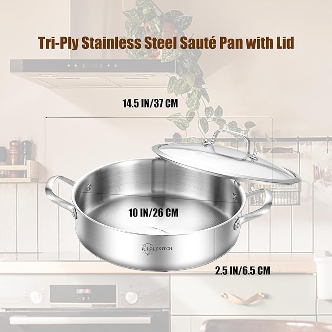 LOLYKITCH 3 Quarts Tri-Ply Stainless Steel Sauté Pan wih Lid,10 Inch Induction Cooking Pot,Dishwasher and Oven Safe,Dia.26 CM