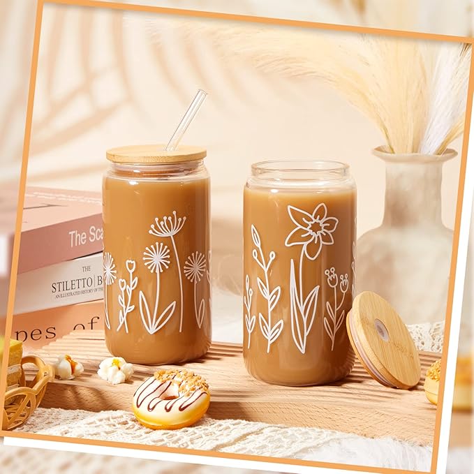 Mumufy Gift for Women Cute Glass Cup Tumbler Flower Iced Coffee Mugs 16 oz Glass with Bamboo Lid & Straw, Mothers Day Birthday Gift for Mom Sister Bridesmaid Baby Shower(4 Pack,Boho Floral)