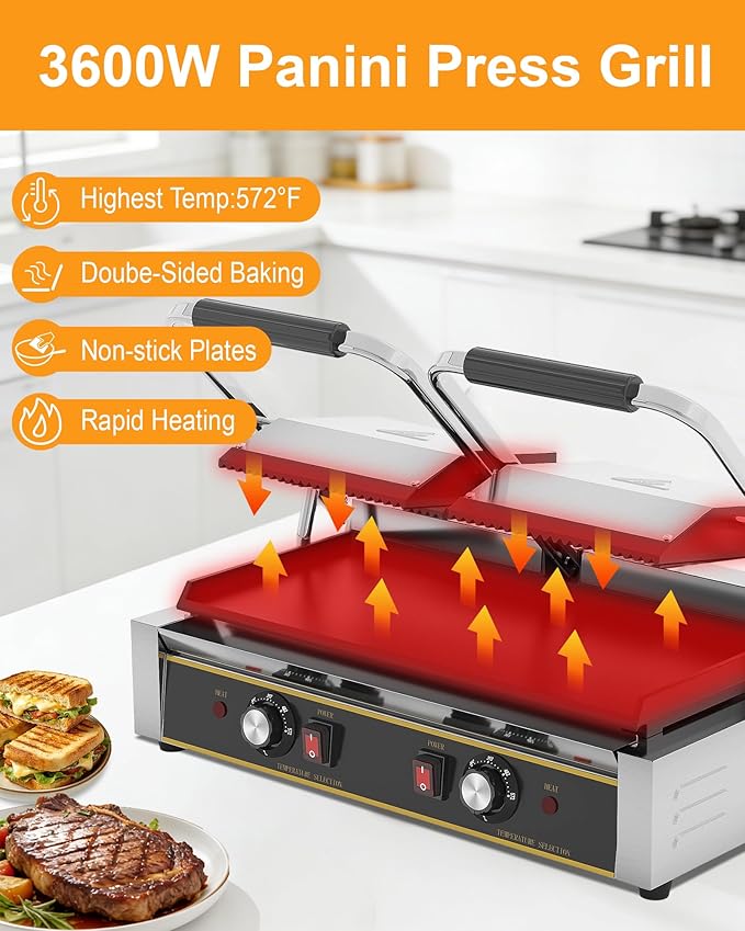 Commercial Panini Press - 3600W Electric Sandwich Panini Maker, Stainless Steel Double Sandwich Grill w/Nonstick Coating & Temp Control, 19x9 in Plate for Hamburger Steak Bacon