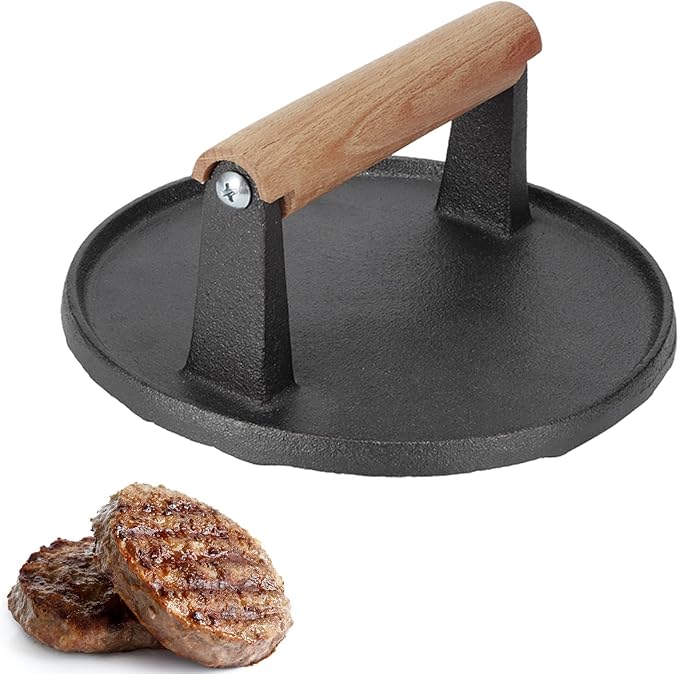 Cast Iron Grill Press, 7.1x7.1x3.1 Inch Round Bacon Press with Wooden Handle for Grill Tools BBQ Tools