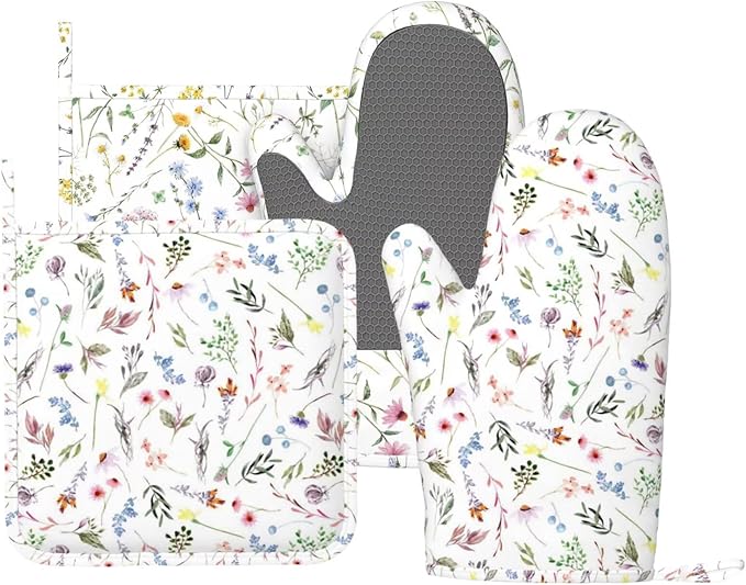 Colorful Wildflowers Silicone Oven Mitts and Pot Holders Sets Vintage Botanical Floral Kitchen Mitts Potholder Kitchen Accessories for Cooking Baking BBQ