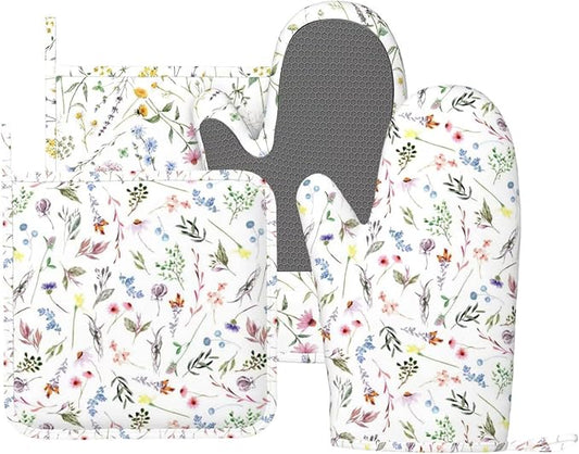 Colorful Wildflowers Silicone Oven Mitts and Pot Holders Sets Vintage Botanical Floral Kitchen Mitts Potholder Kitchen Accessories for Cooking Baking BBQ