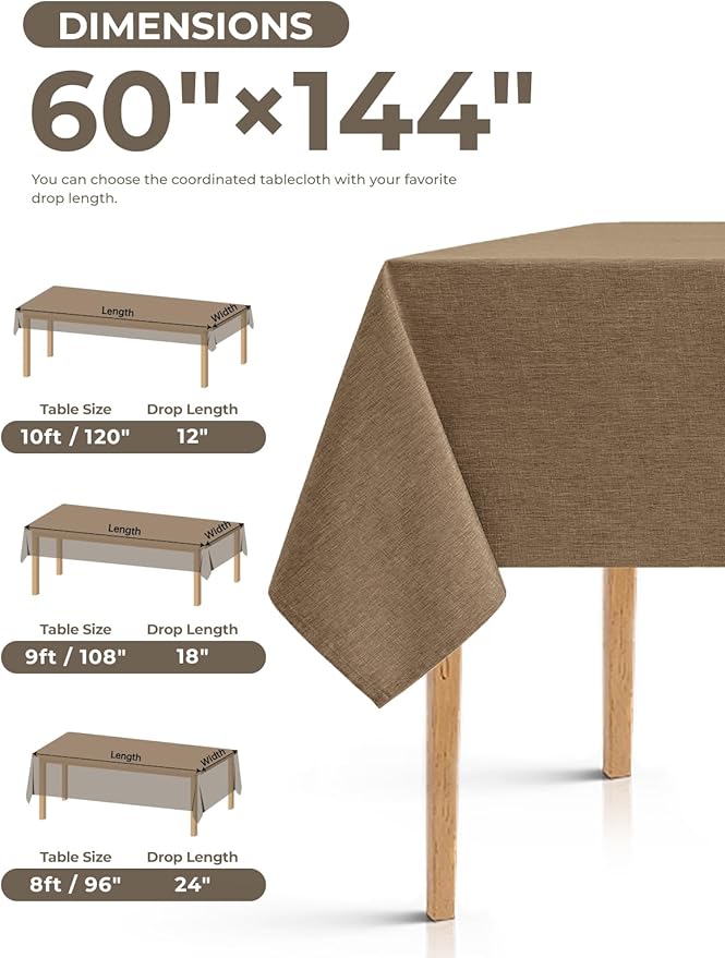 Faux Linen Farmhouse Table Cloth 60"x144" for 10 ft Rectangle Table, Coffee Waterproof Outdoor Washable Tablecloth for Rectangular Dining Room Kitchen Outdoor Party Restaurant Table
