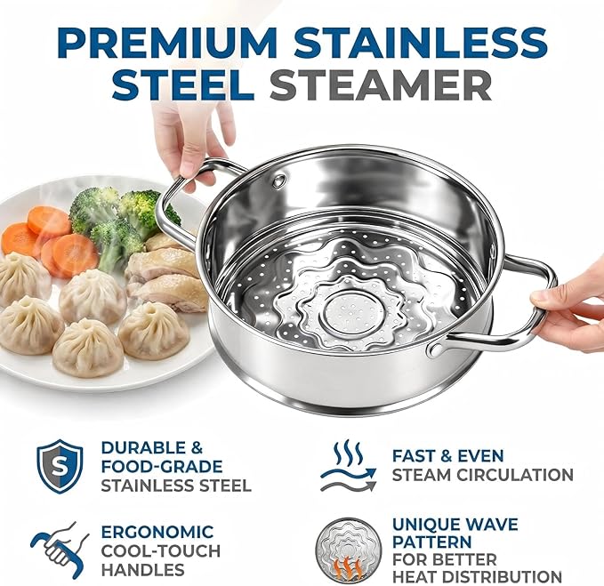 2 Tier Steamer Pot with Lid, 4 Quart Stainless Steel Food Steamer for Cooking, Multipurpose for Vegetable, Dumpling, Sauce, Pasta