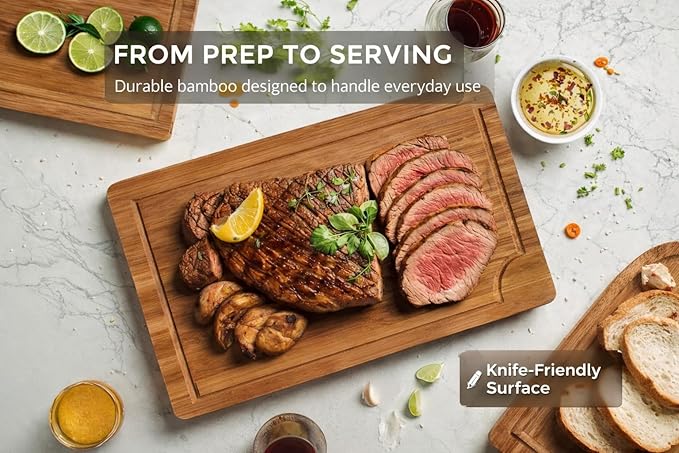ELITE BLACKSMITH Bamboo Cutting Board Set of 3 – Crack Resistant, Eco-Friendly Cutting Boards with Deep Juice Grooves & Handles – Heavy-Duty Butcher Block for Meat, Charcuterie Board