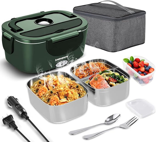 Electric Lunch Box 80W Food Heater with Dual Container, Portable Lunch Warmer for Adults, Upgraded Heated Lunch Box for Car/Truck/Office,110/24/12V 1.5L Green