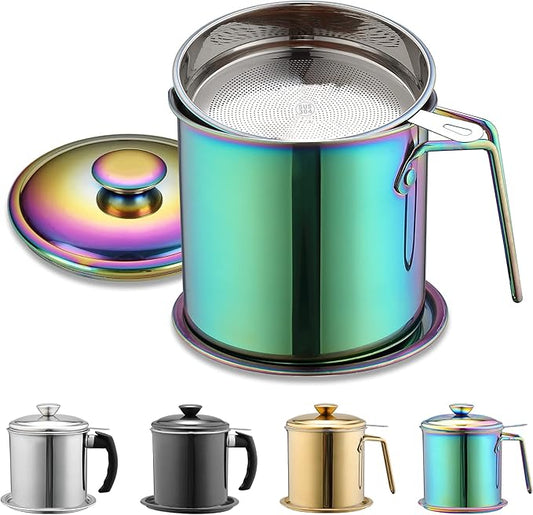 Berglander Rainbow Bacon Grease Container With Strainer 47oz, Titanium Colorful Plating Stainless Steel Oil Storage Container with Fine Mesh Strainer Dust-proof for Storing Frying Oil, Cooking Fat