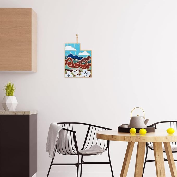 Totally Bamboo Utah State Shaped Cutting Board and Charcuterie Serving Platter with Artwork by Summer Stokes, Includes Hang Tie for Wall Display Varies