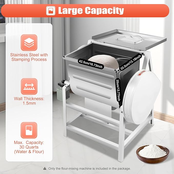 1500W Dough Mixing Machine, 110V Flour Mixer, 1400r/m Commercial Kneading Machine with 30 Quarts Capacity for Bakeries Noodle Shops Restaurants and Catering
