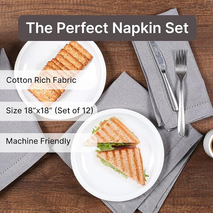 LFH Home Hemstitched Cloth Dinner Napkins 18x18 Inch Set of 12 - Reusable 100% Cotton Machine Washable Cocktail Napkins with Metered Corners for Daily, Party, Wedding, Bar Use - Ash Grey