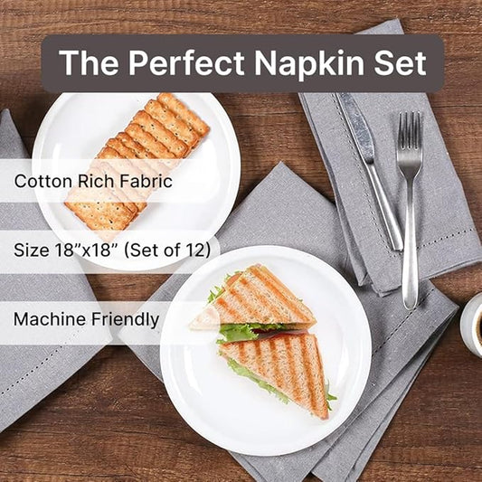 LFH Home Hemstitched Cloth Dinner Napkins 18x18 Inch Set of 12 - Reusable 100% Cotton Machine Washable Cocktail Napkins with Metered Corners for Daily, Party, Wedding, Bar Use - Ash Grey