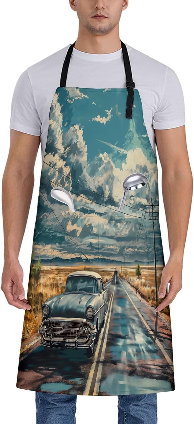 Vintage Car Route 66 Apron for Women, 28x33in, Kitchen Chef Aprons with 2 Pockets, Polyester, Classic Car Apron for Cooking BBQ Baking Gardening Chef, Gifts for Mom Wife Dad