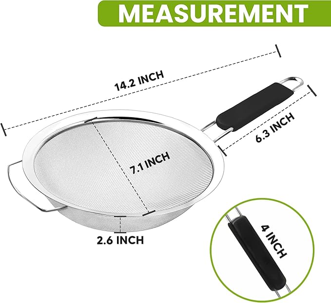 7" Fine Mesh Strainer with Thermo Plastic Rubber Handle - Sieve Fine Mesh Stainless Steel - Ideal to Strain Pasta, Quinoa and Rice.