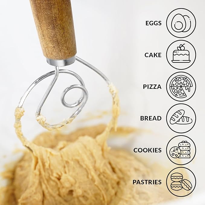 Zulay Kitchen 13 Inch Danish Dough Whisk - Large Wooden Danish Whisk For Dough With Stainless Steel Ring - Traditional Dutch Whisk Baking Tool For Bread, Batter, Cake, Pastry (Acacia Wood)