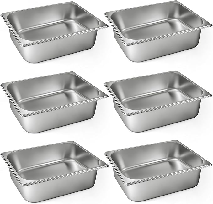 West Bay 6 Pack 1/2 Half Size Hotel Pan, 4'' Deep Steam Table Pans, 12.8''L x 10.4''W Stainless Steel Pans for Home, Party, Hotel, Buffet