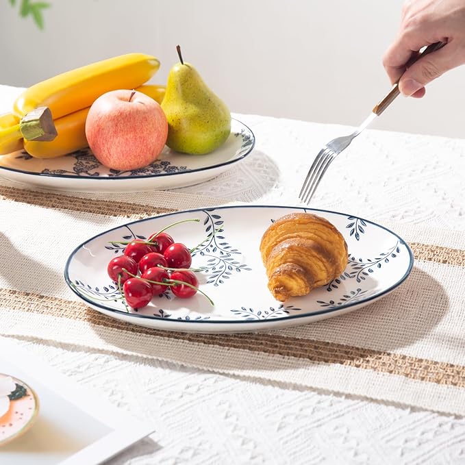Ceramic Serving Platters, 12 Inch Large Serving Trays, Oval Plates for Dessert Appetizers Meat/Entertaining/Party, Blue and White, Set of 3