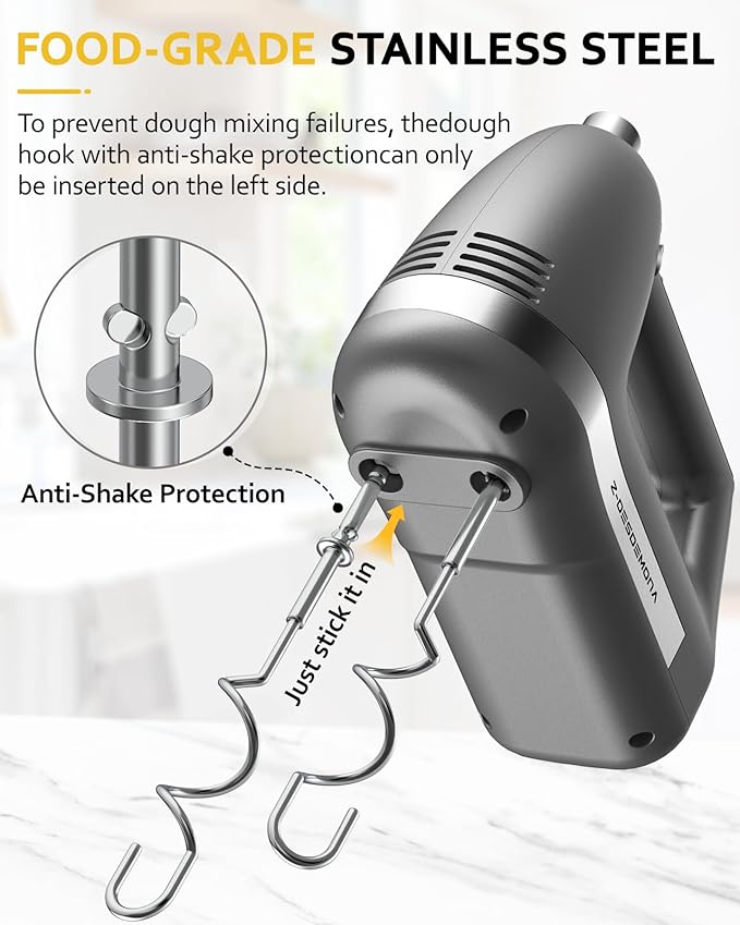 Z-DESDEMONA Electric Hand Mixer, Powerful Hand Mixer Electric Handheld with 304 Beaters, Dough Hook,Hand Held Mixer with Turbo for Baking Cakes, Eggs, Cream Food(Grey)