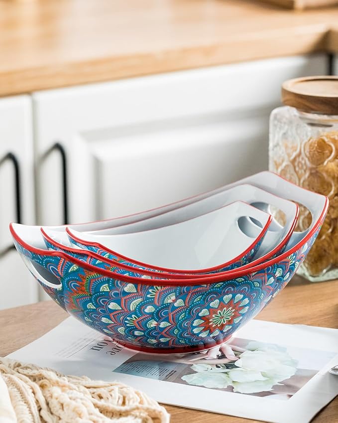 LAUCHUH Serving Bowls with Handles, Bohemian Porcelain Serving Dishes for Entertaining Colorful Nesting Bowls Salad Bowls for Kitchen, St. Patrick's Day, Set of 3, 15/28/49 oz, Blue and Red