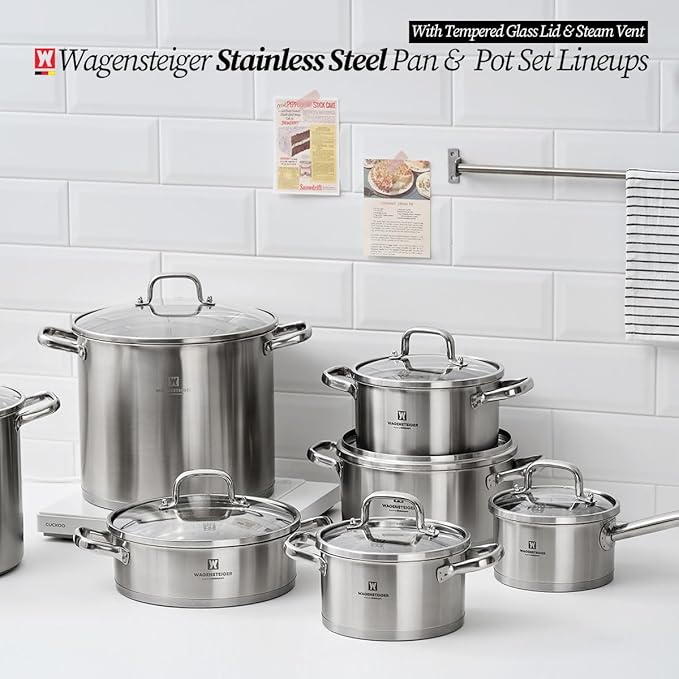 WAGENSTEIGER 3.78-Quart Stainless Steel Stock Pot with Tempered Glass Lid, 3-Ply Construction, Ergonomic Handles, Compatible with All Cooktops, BPA Free (8.46" Diameter)