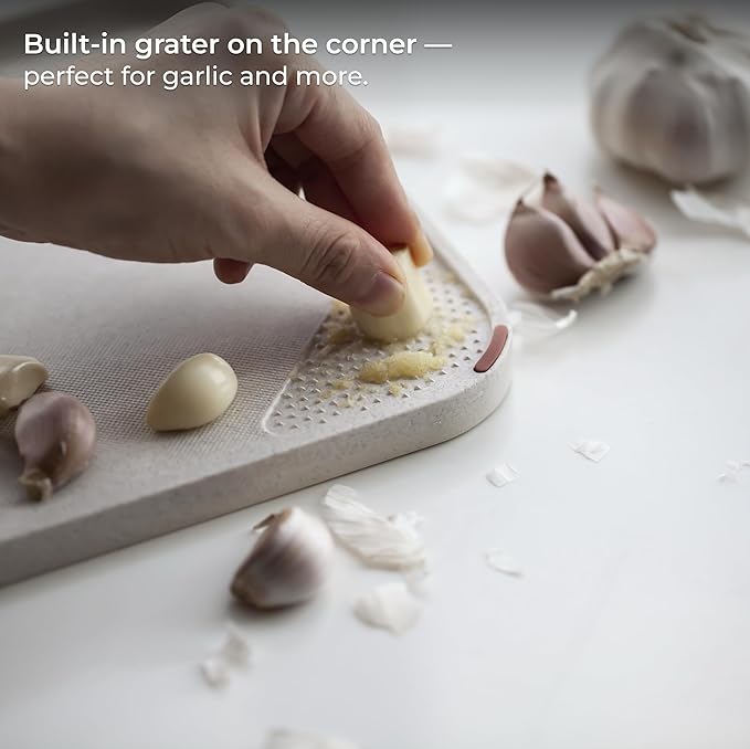 yuriya Plastic Cutting Board for Kitchen, Dishwasher Safe, Double-Sided Wheat Straw Board with Knife Sharpener and Garlic Grinder, Non-Slip, Juice Groove, Meat Grip Spikes, BPA-Free, Sand Beige