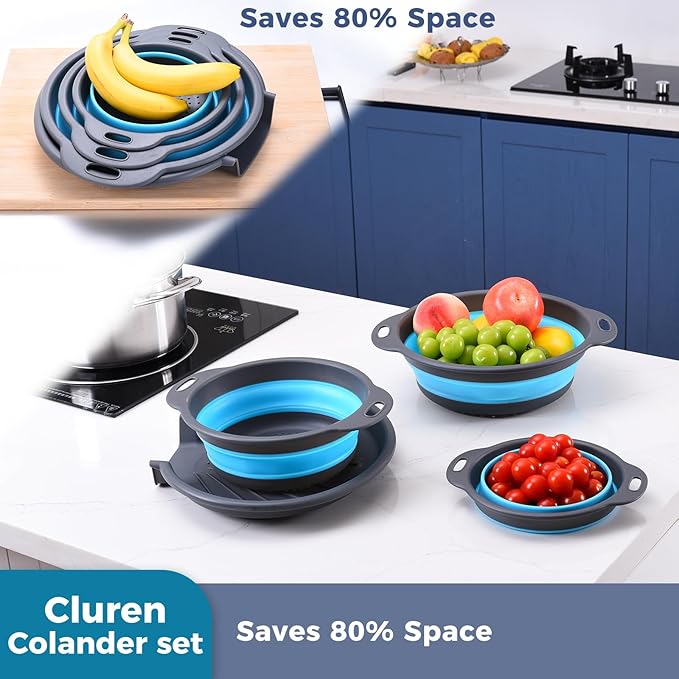 Collapsible Colander Set with Oversized Draining Tray | 3-Pack Foldable Kitchen Strainers + Base | Space Saving for Pasta, Veggies, Fruit & Rice | 5 Colors (Gray-Blue)