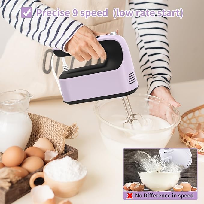 Yomelo 9-Speed Digital Hand Mixer Electric, 400W Powerful DC Motor, Hand Mixer Electric Handheld with Snap-On Storage Case, 5 Stainless Steel Accessories, Beaters, Dough Hooks, Whisk(Purple/Black)