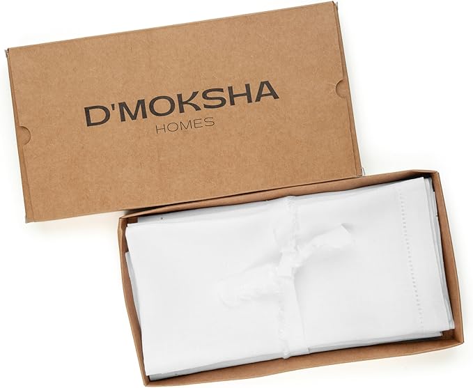 D'Moksha Homes White Linen Napkins Set of 8 - Classic Hemstitch 100% Pure Linen Hemstitch Dinner Napkins 20 x 20 Inch for Valentines, Spring, Easter - Handcrafted and Machine Washable