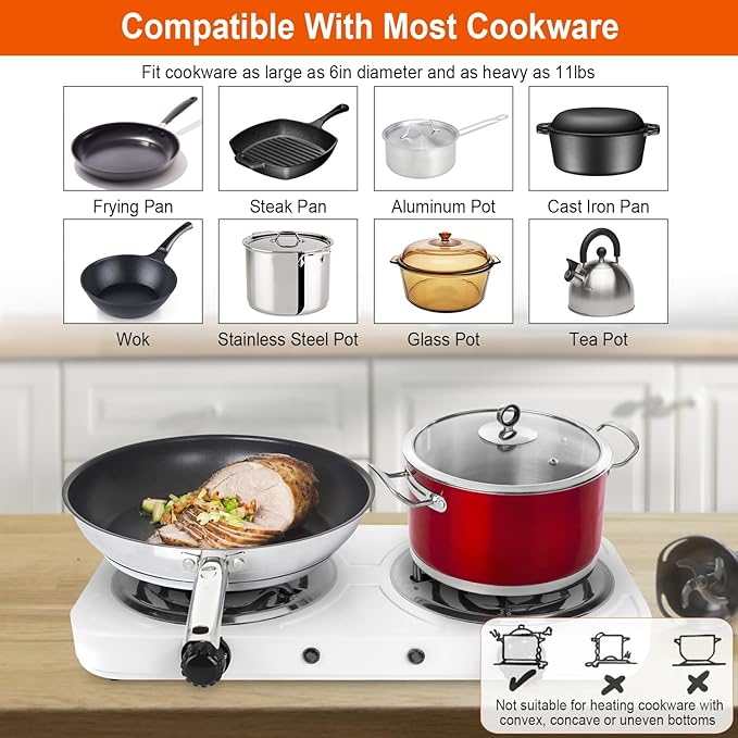 Portable Double Burner Electric Coil Heating Hot Plate Stove Countertop RV Hotplate Temperature Controls Easy to Clean 2000W
