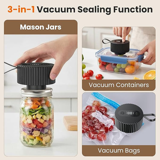 Electric Mason Jar Vacuum Sealer, Upgraded 3-in-1 Jar Vacuum Sealer Kit for Mason Jars, Canning, Containers, Bags, Ideal for ‌Home Cooks, DIY Enthusiasts