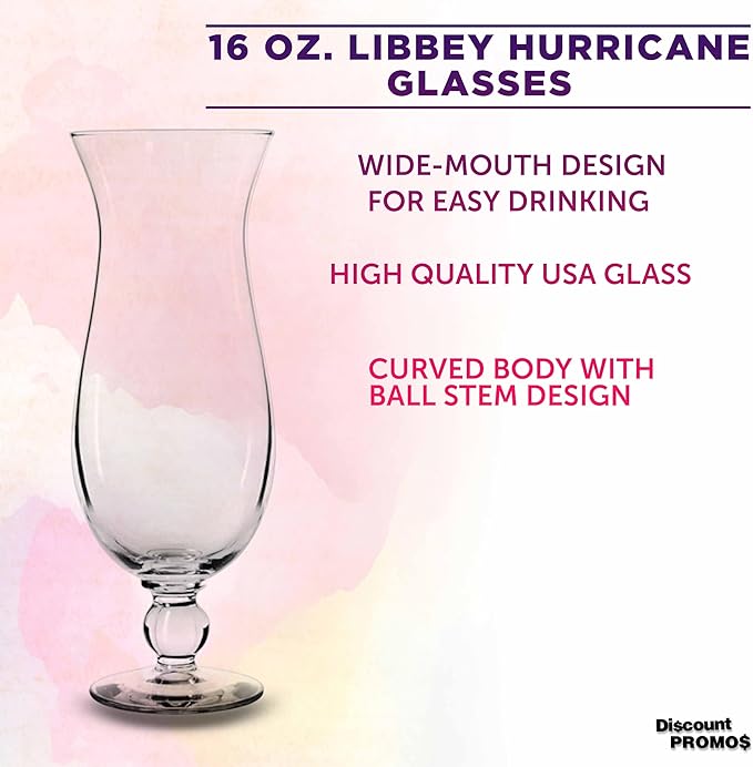 DISCOUNT PROMOS Libbey Hurricane Glasses 16 oz. Set of 12, Bulk Pack - Branded Drinkware for Cocktail, Pina Colada or Mudslide - Clear