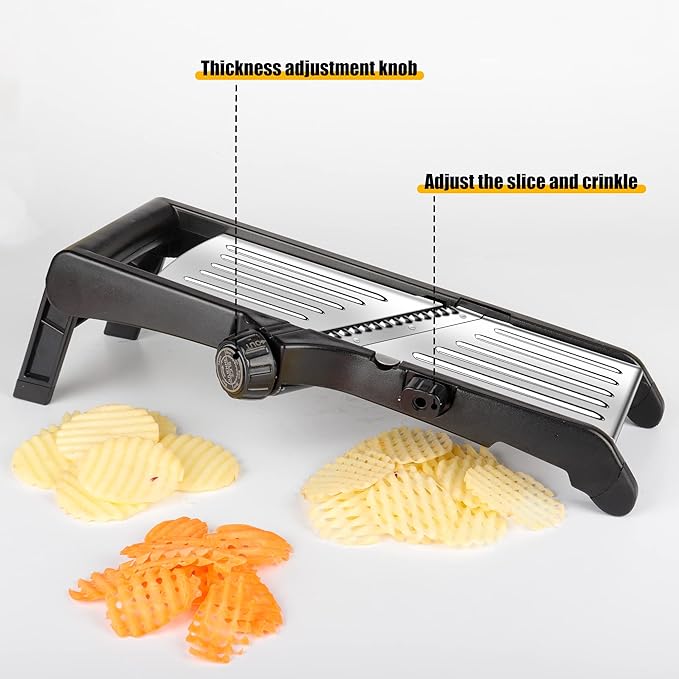 Mandoline Food slicer for kitchen, Adjustable Stainless Steel Mandoline Vegetable slicer, Food slicer Onion Potato Chip French Fry, 7 in-1 Adjustable Blade, Including 1 Pair of Gloves