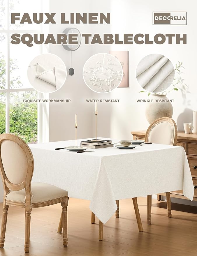Faux Linen Square Tablecloth for Dining Room,Waterproof Texture Decorative Farmhouse Rustic Table Cloth for Indoor Outdoor Party, Holiday, Banquet Picnics, Patio,70 x 70 Inch (Square),Ivory
