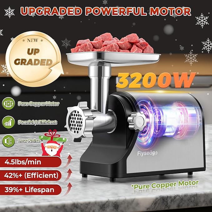 Flyseago Electric Meat Grinder 3200W Heavy Duty Commercial Meat Grinders, Sausage Stuffer, Kubbe Kit with 2 Cutting Blades, 3 Grinding Plates, 3 Sausage Tubes, Metal Gearbox Meat Grinder for Home Use