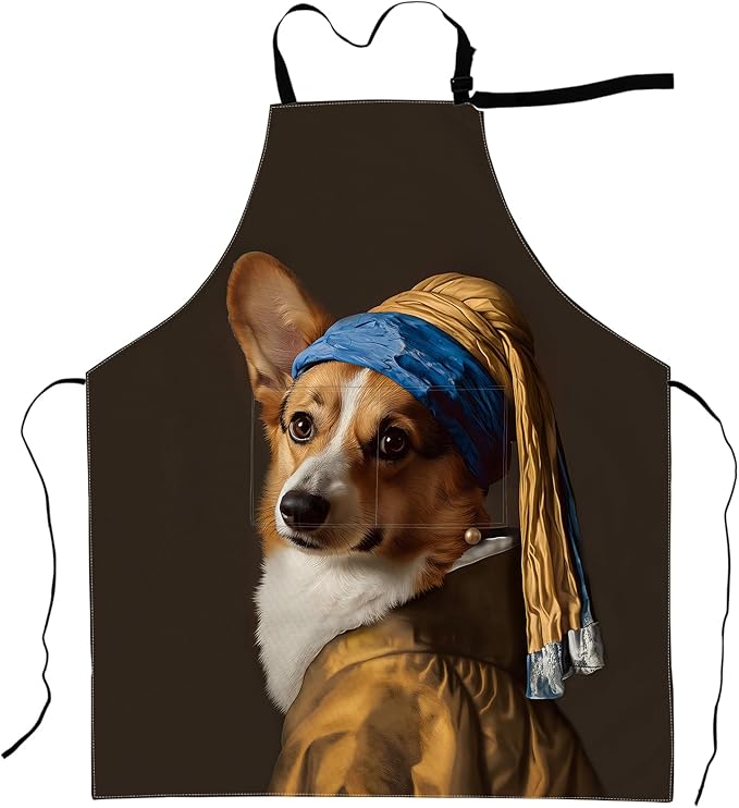 Corgi Apron Funny Classic Portrait Style with Dog in Vermeer Costume Aprons Waterproof Oxford Polyester Adjustable Pockets Design for Cooking Decor, Gifts for Adults, 28x33 Inch