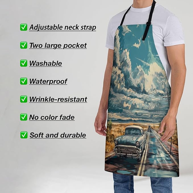 Vintage Car Route 66 Apron for Women, 28x33in, Kitchen Chef Aprons with 2 Pockets, Polyester, Classic Car Apron for Cooking BBQ Baking Gardening Chef, Gifts for Mom Wife Dad