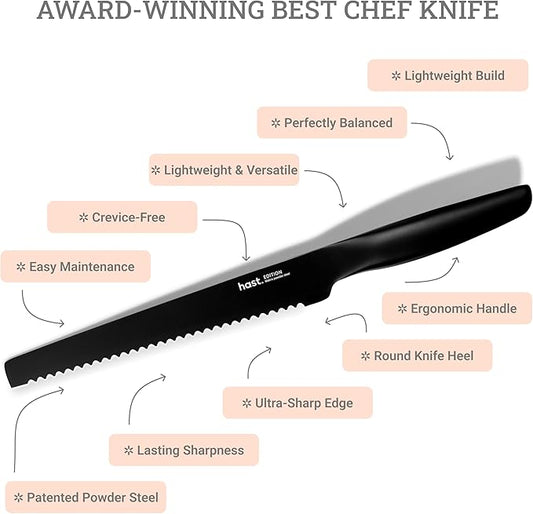HAST Edition 8-Inch Serrated Bread Knife, Ultra-Sharp Professional Bread Slicing Knife, Advanced Powder Steel, Lightweight, Comfortable Ergonomic & Award-Winning Design (Titanium Black)