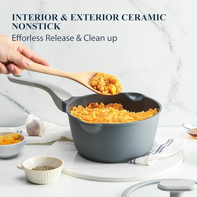 PRICUSIS Nonstick Saucepan Set with Lids, 2QT and 2.7QT Ceramic Sauce Pan Set, Non Toxic Sauce Pots with Pour Spouts for Multipurpose Use, PTFE, PFOA & PFAS Free, Induction Compatible.