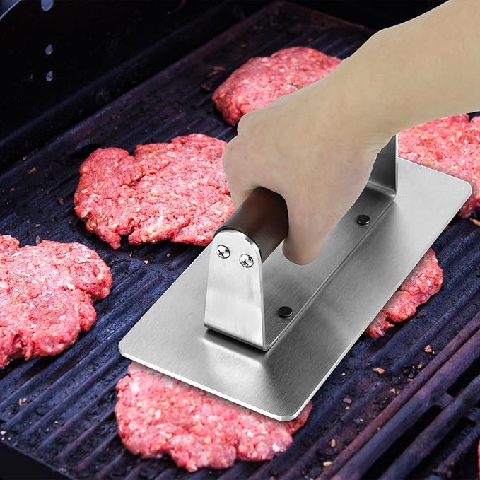 QWORK Stainless Steel Bacon Press with Heat-Resistant Wooden Handle, 9 Inch - Non-Stick, Griddle Bacon, Ham, Steak, Sandwich Press