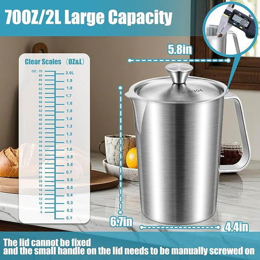 Stainless Steel Pitcher with Lid, 70 oz Metal Measuring Cup with Marking with Handle, 2 L Large Mouth Graduated Beakers, Milk Frothing Jug for Espresso Machines, Latte Art, Iced Tea, Hot/Cold Water
