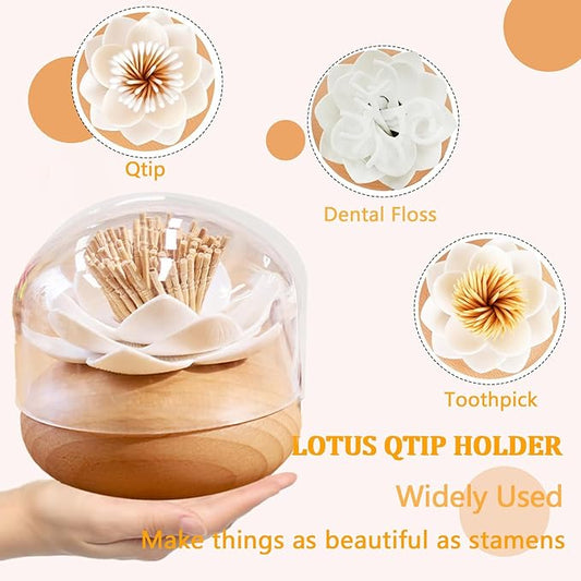 Toothpick Holder Dispenser Lotus Q tip Holder Wood Toothpick Holder, Tooth Picks Beech Toothpick Holders White Flower Decorative for Kitchen Table Decorations Cute Gifts -with 80 Toothpick