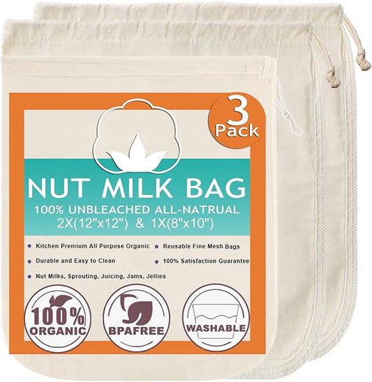Nut Milk Bag Cloth Strainer for Food, 3 Pack 12" (2 of 12"X12" + 1 of 10") Organic Reusable Kitchen Premium Fine Mesh Cheesecloth, Sprouting, Juicing